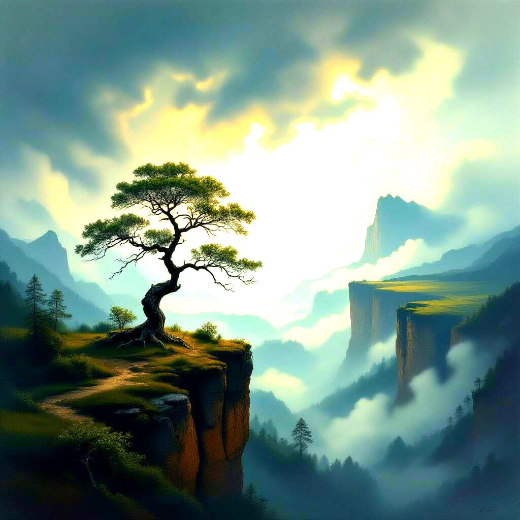 Ancient Tree on Misty Cliff Overlooking Canyon