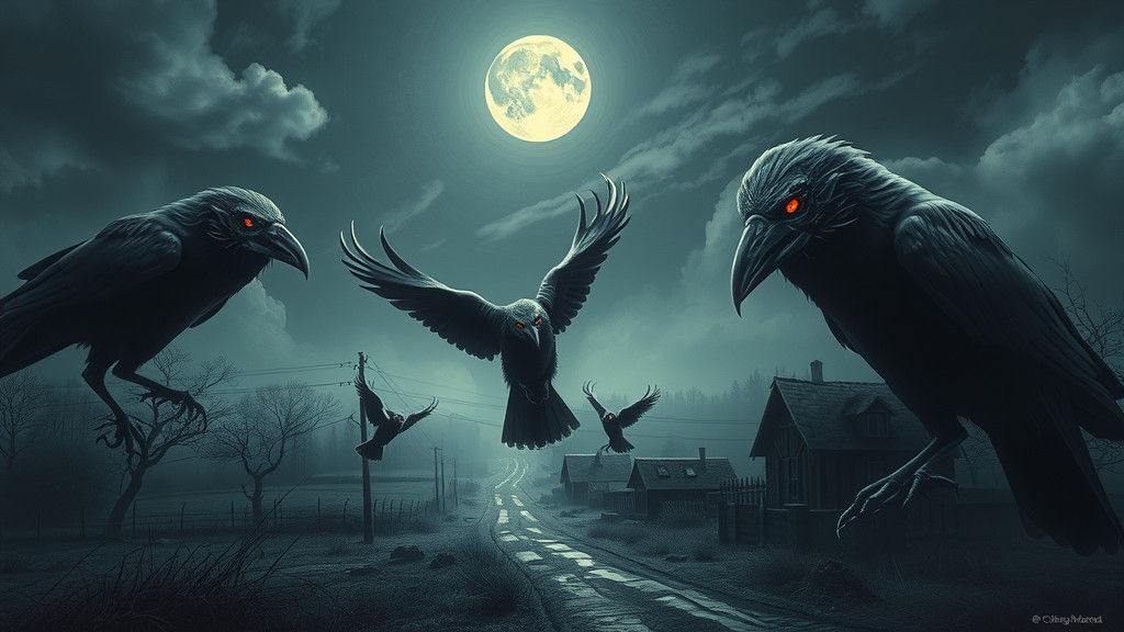 Undead Crows Haunt Moonlit Town: A Dark Surreal Vision