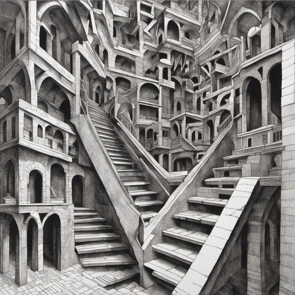 Escher-Style Impossible Staircase Illusion in Ink