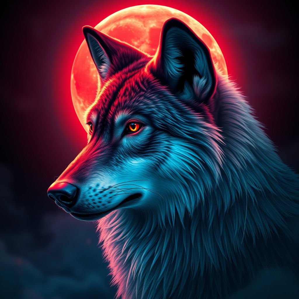 Blood Moon Wolf Portrait in Hyper-Realistic Lighting