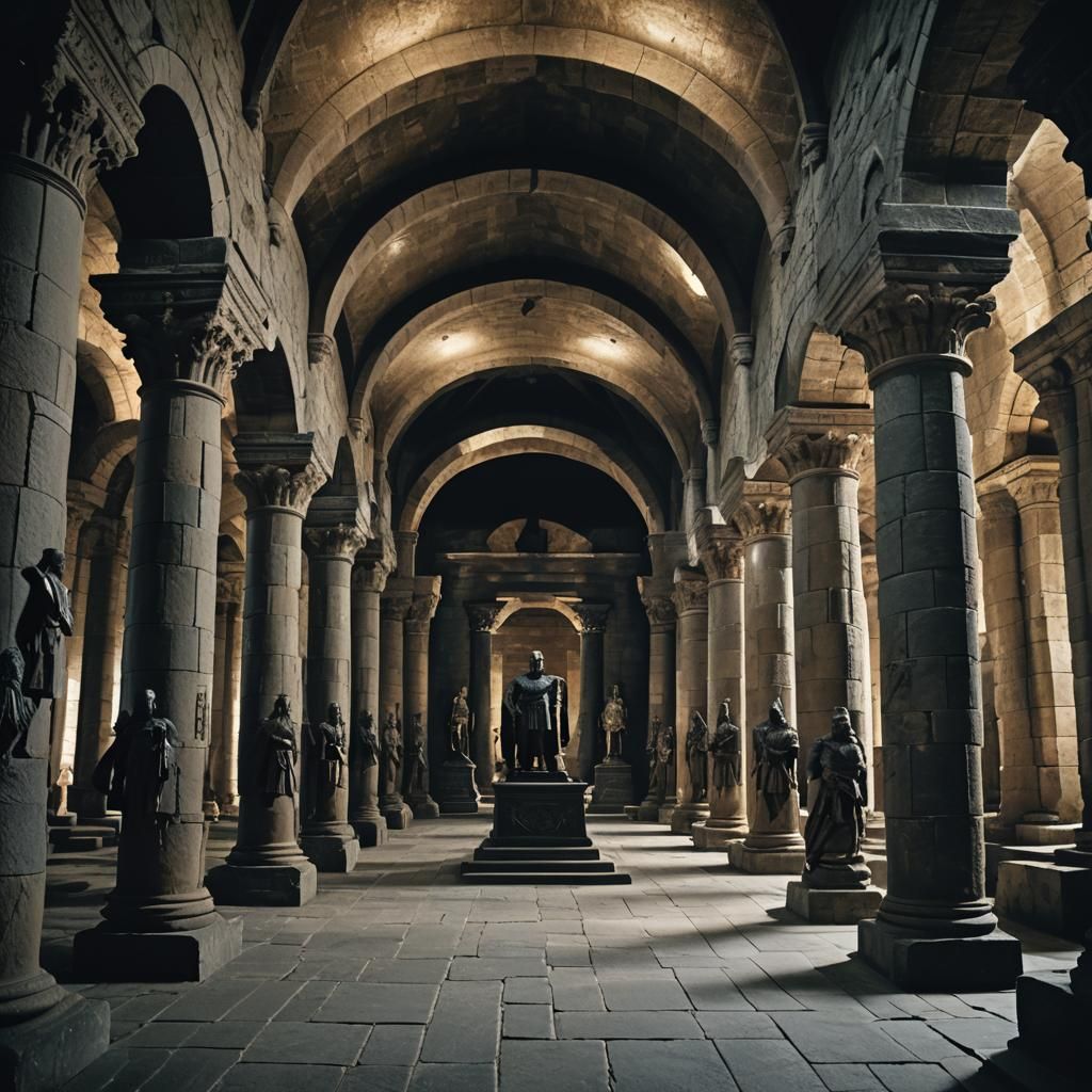 Epic Stone Crypt with Knight Statues: Film Still