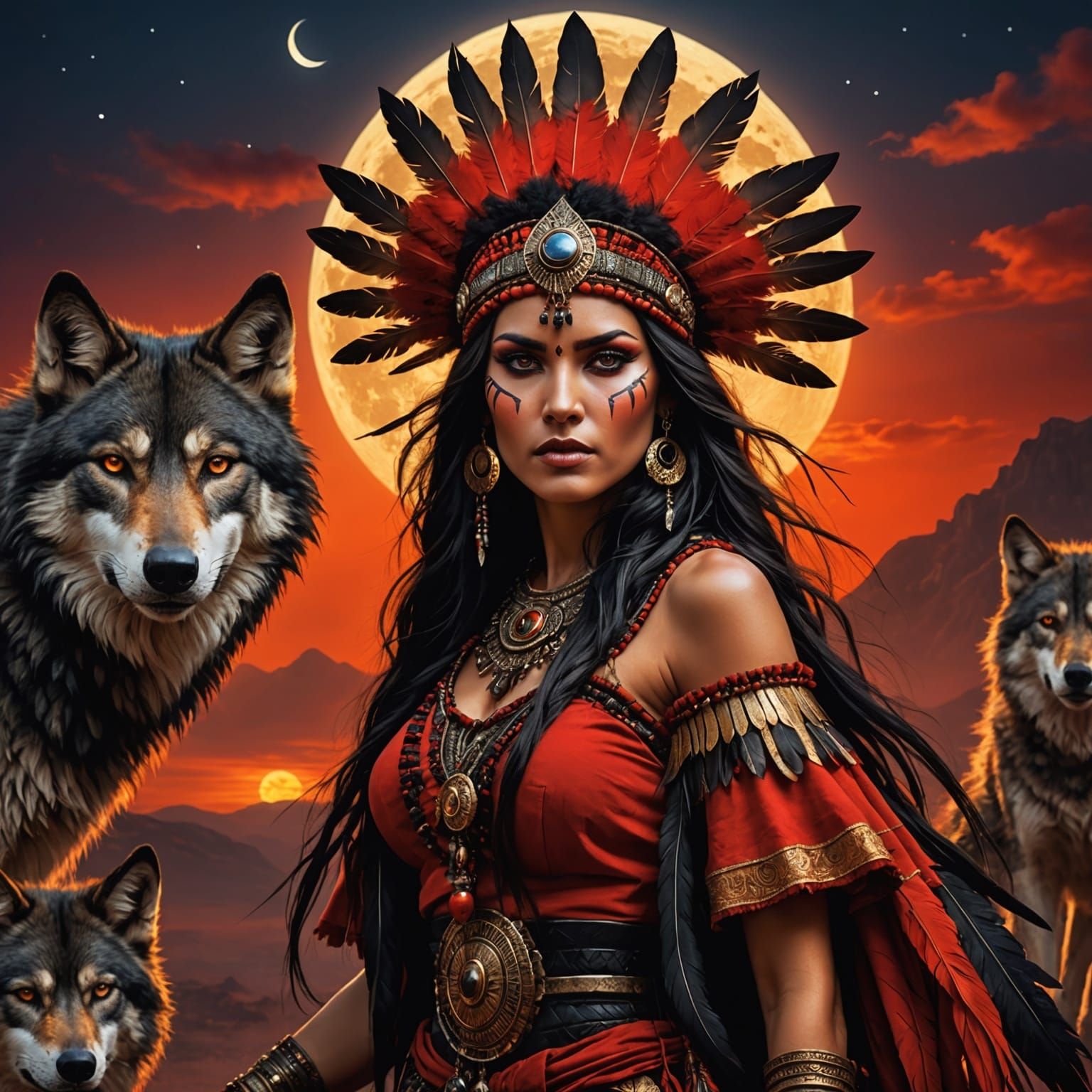 Shaman Woman Dancing with Wolves Under Fiery Moon