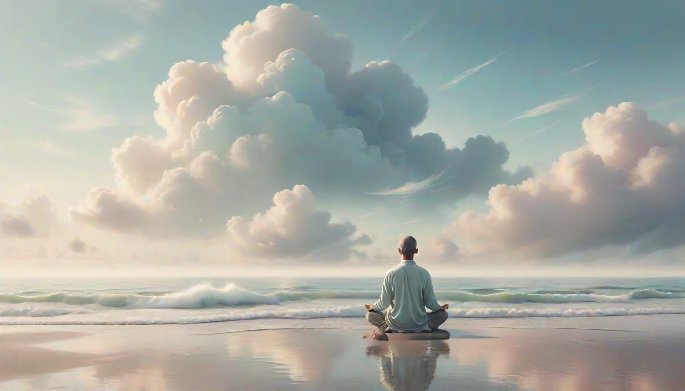 Person Meditating on Cloud Over Seashore in Pastel Style