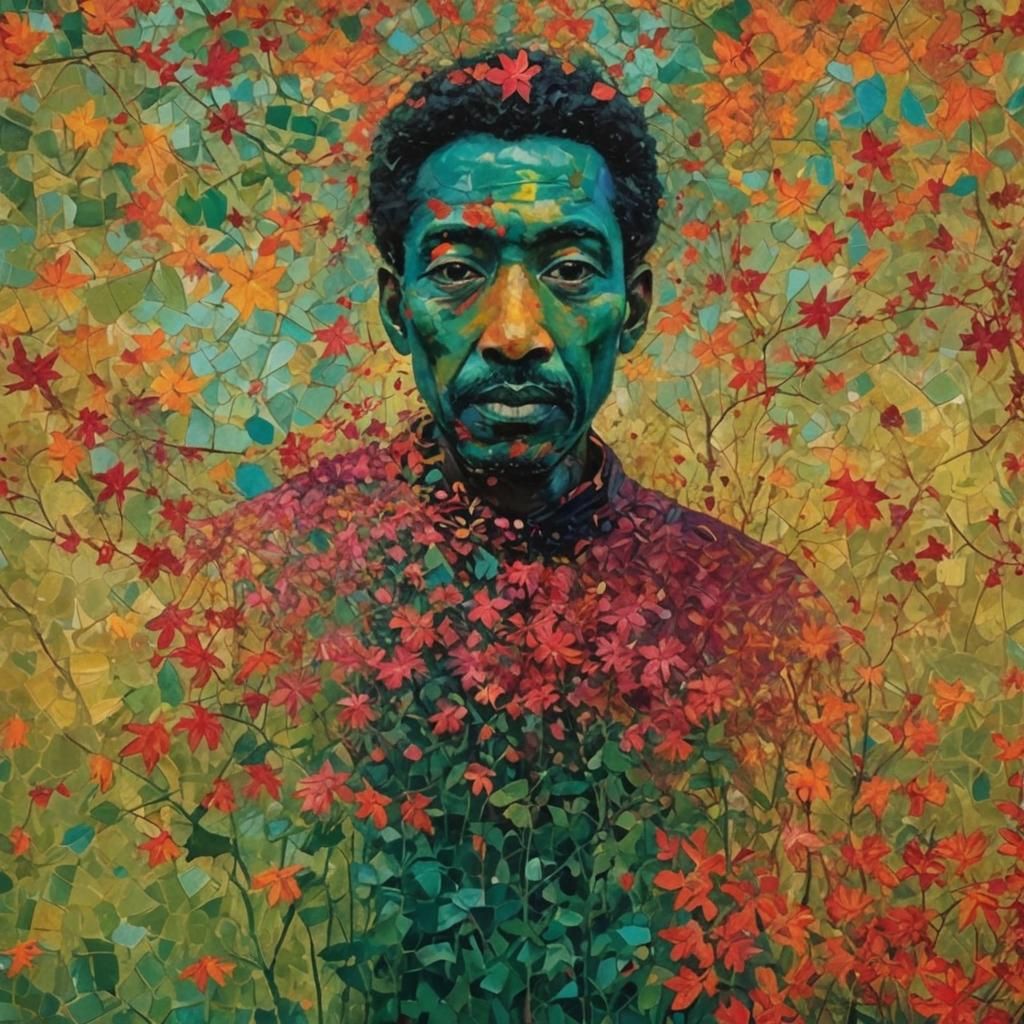 Figure Cloaked in Leaves Amidst Lush Forest