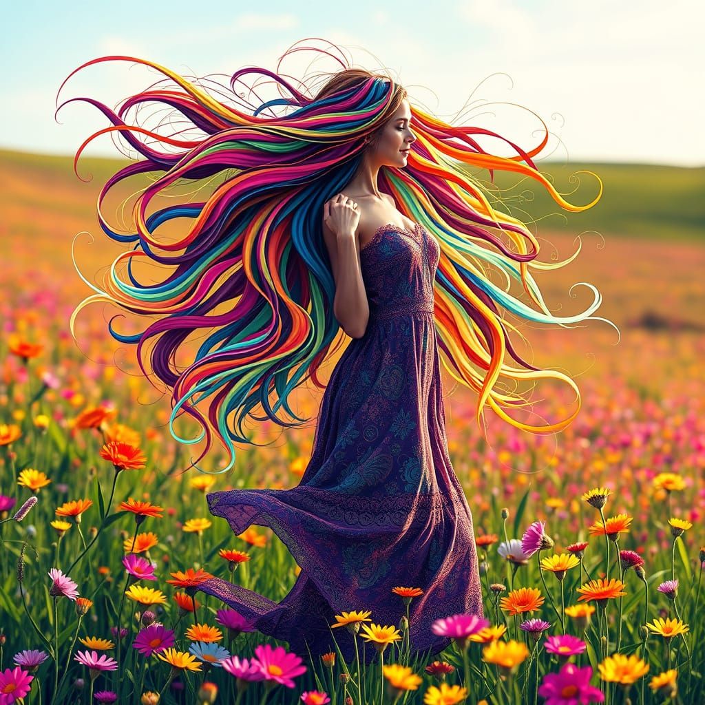 Woman with Rainbow Hair Dancing in Wildflower Field