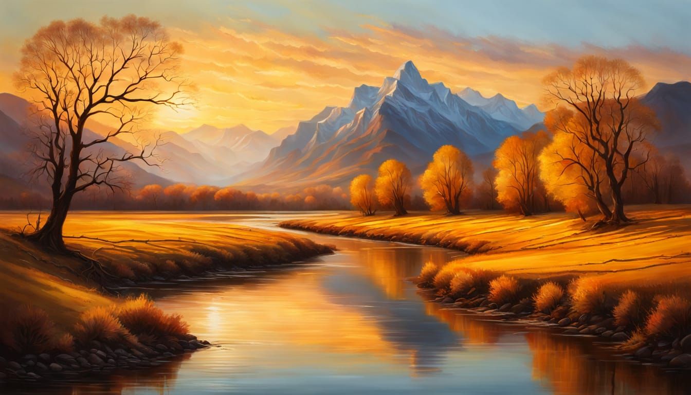 Serene River Sunset Oil Painting with Mountains