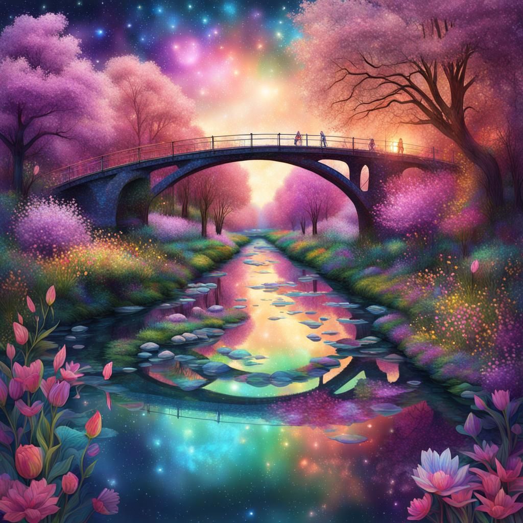 Astral Bridge over Canal in Spring, Holographic Illustration