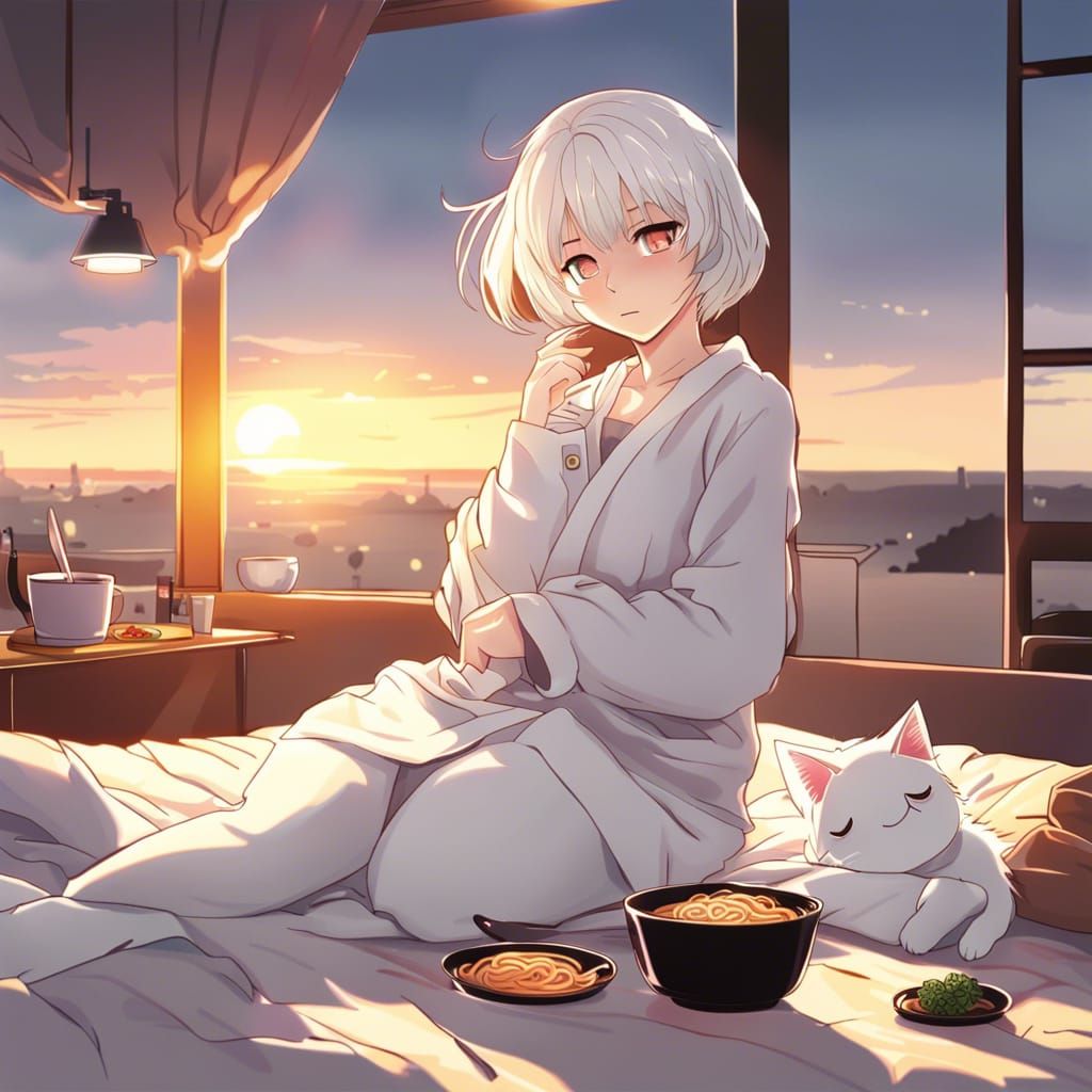 Anime Style White Cat, Ramen, and Sunset