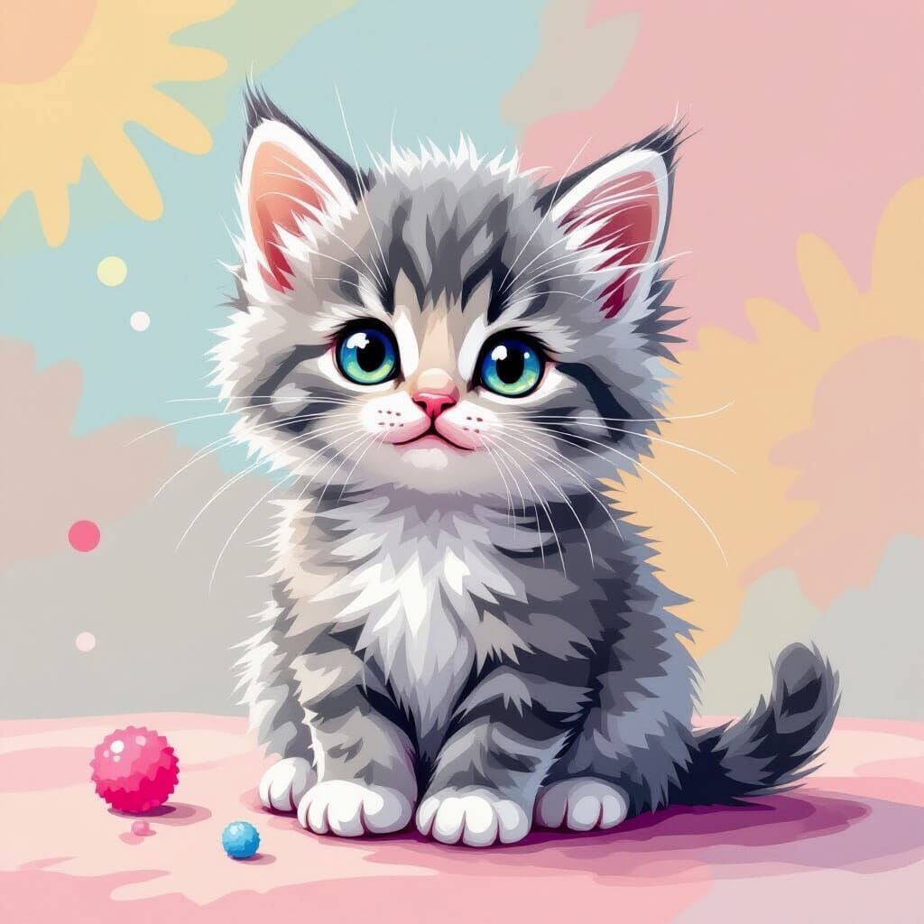 Fluffy Pom Pom Kitten in Surreal Style