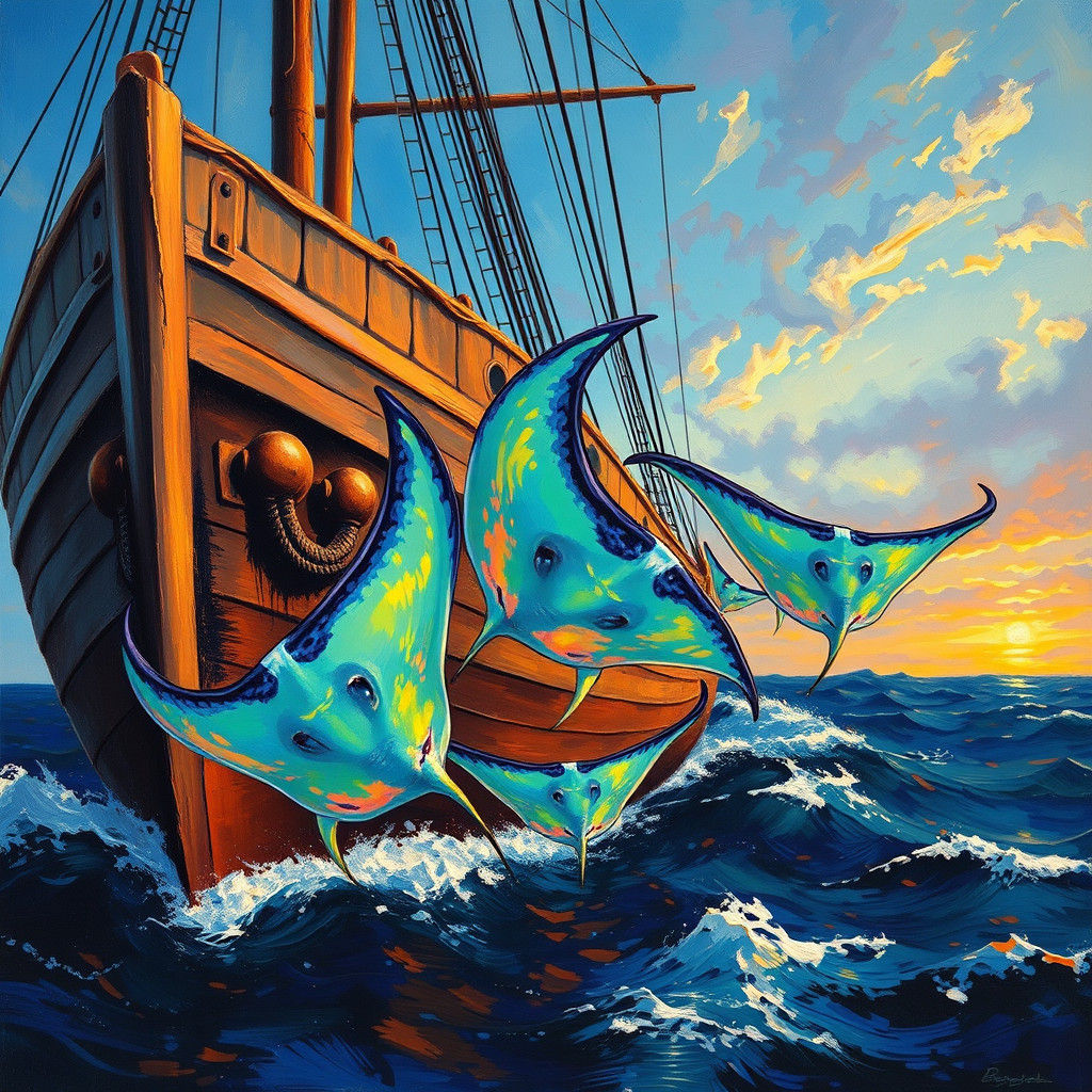 Neon Manta Rays Leap Near Old Ship, as Impasto Painting