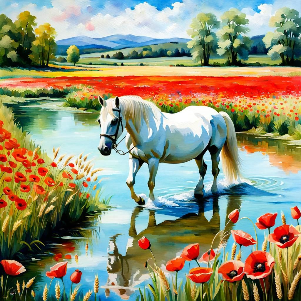 Spring Meadow with White Horse: Impasto and Watercolor