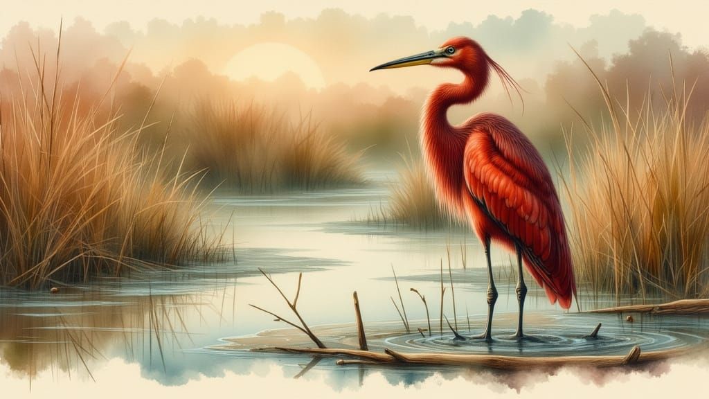 Reddish Egret in Watercolor Wetland Landscape