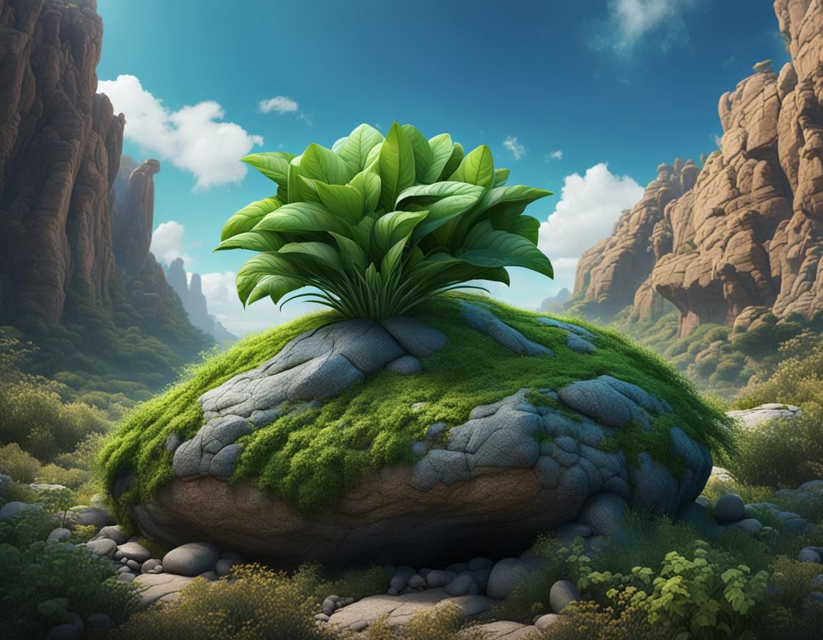 Green Plant Growing Through Rock, Detailed Matte Painting