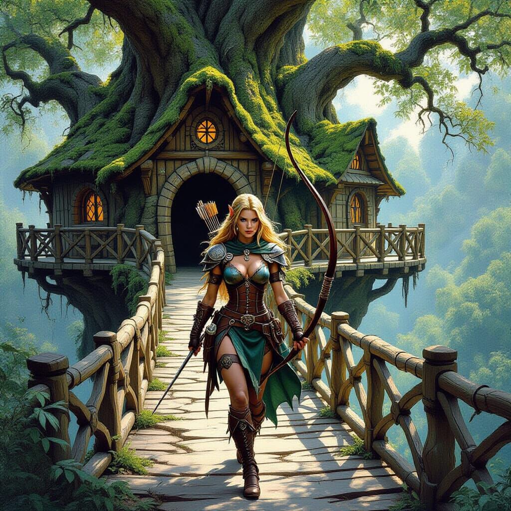 Elven Huntress on Forest Path as Oil Painting