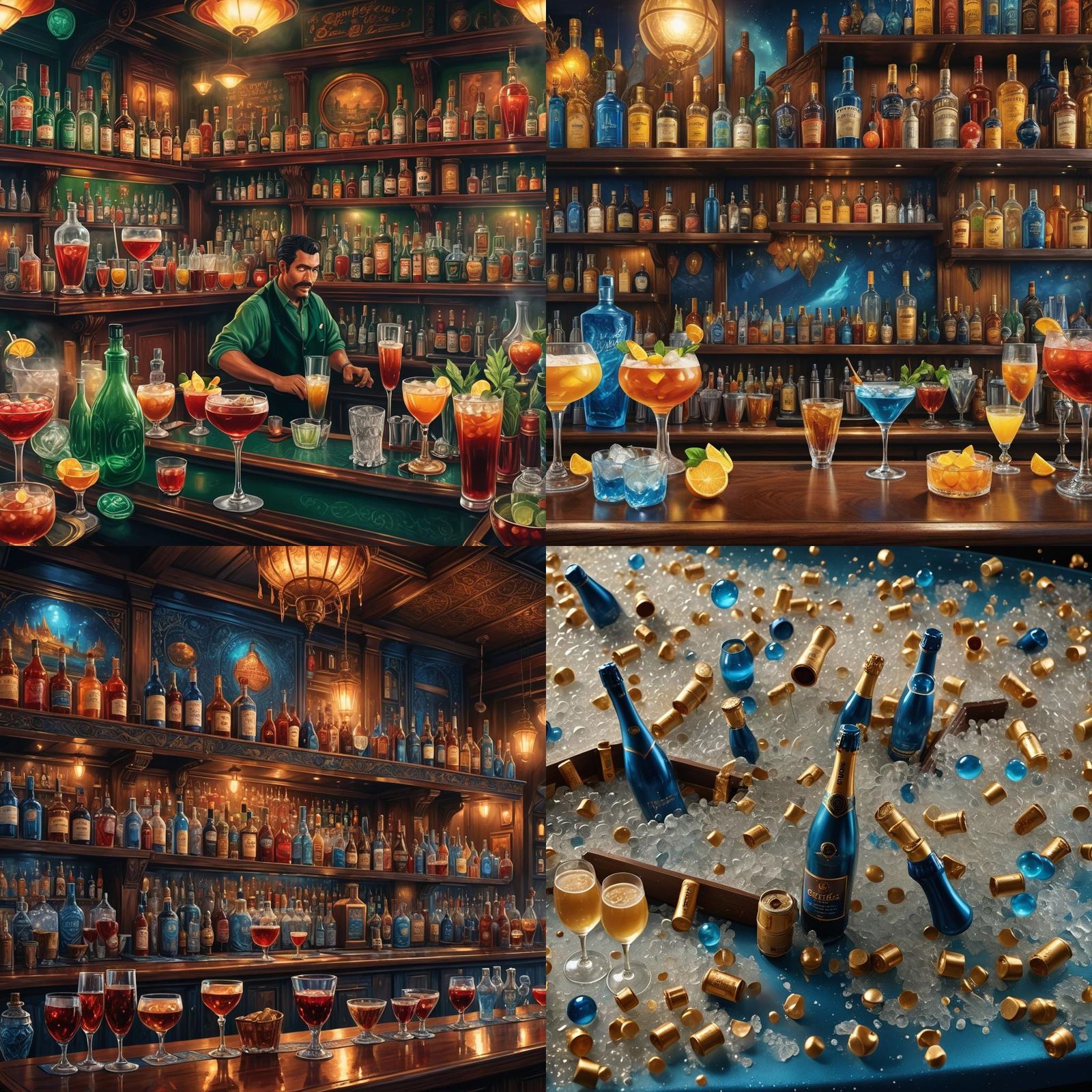 Classic Cocktails: A Fantastical Bar Scene in Detailed Paint...
