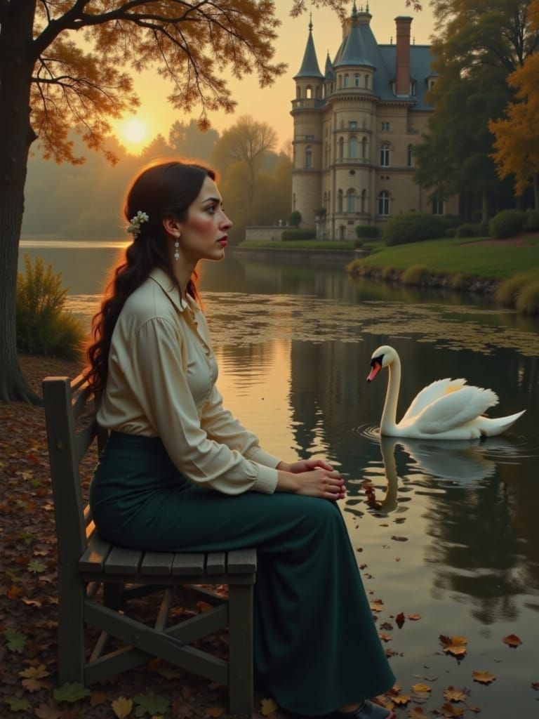 Golden Hour Serenity: Woman Watches Swan by Castle