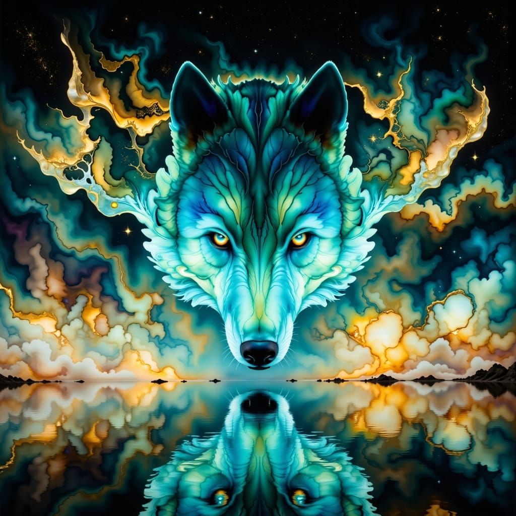 Ethereal Wolf Head in Alcohol Ink with Turquoise Aura