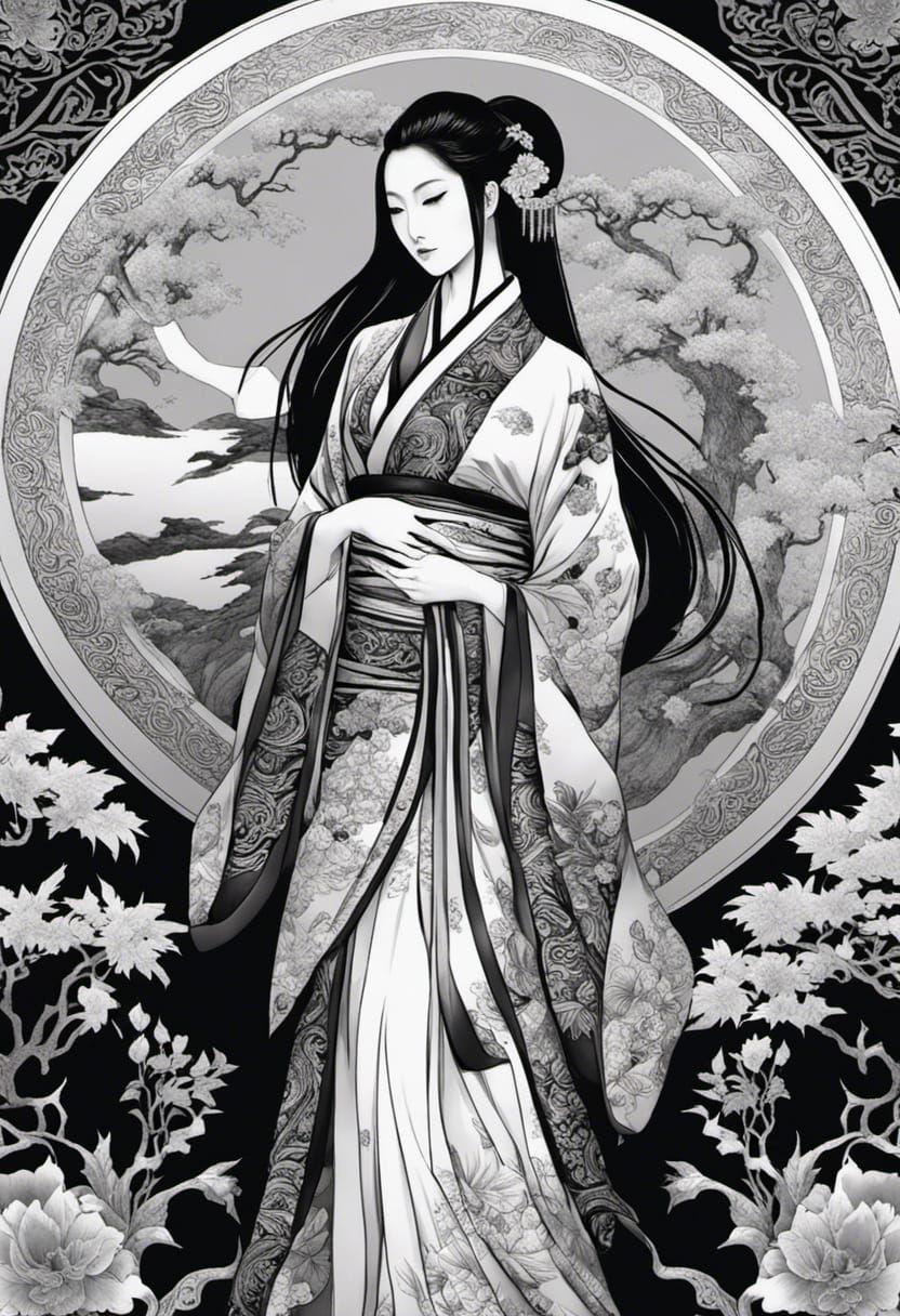 Elegant Asian Girl in Dark Fantasy Ink Drawing
