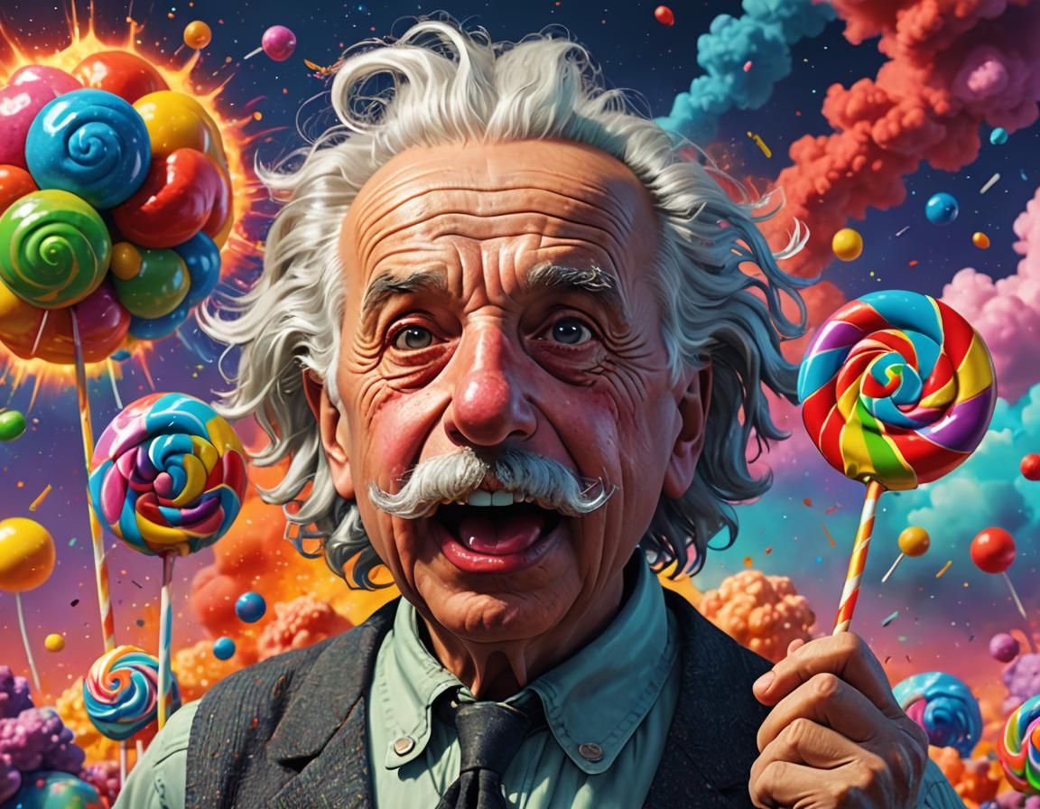 Einstein Licking Lollipop in Nuclear Explosion: Pixar Style