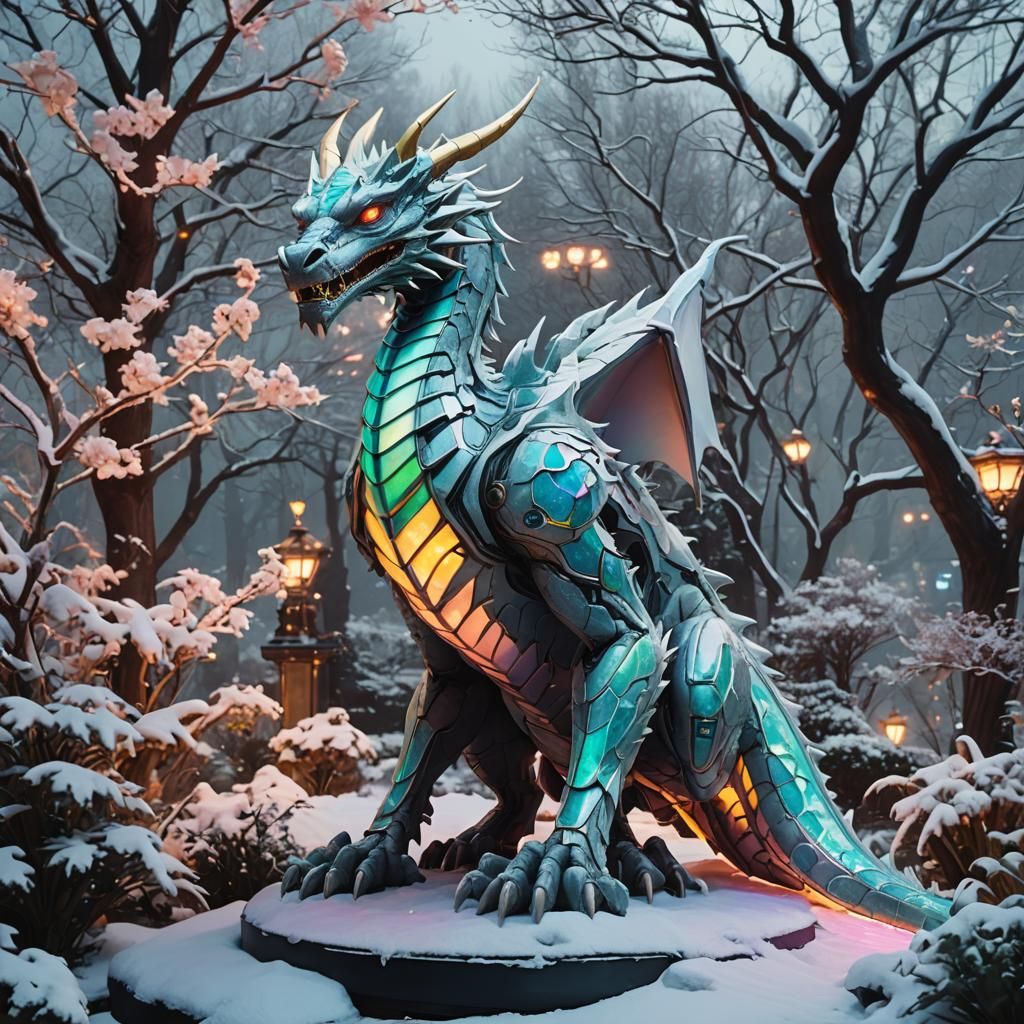 Opal Dragon Statue in Cyberpunk Winter Garden