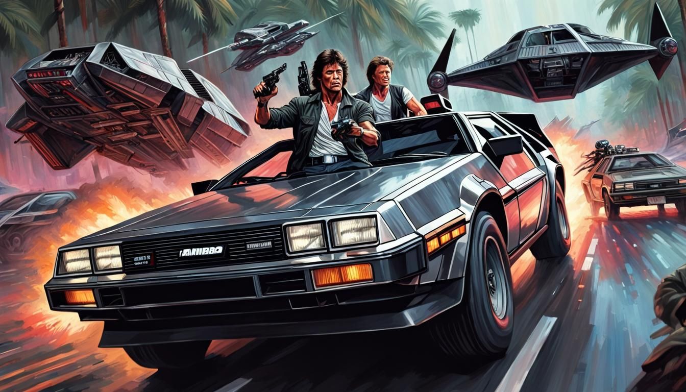 1980's John Rambo and Terminator are driving a Delorean while being chased by Xenomorphs, Darth Vader's tie fighter and ...
