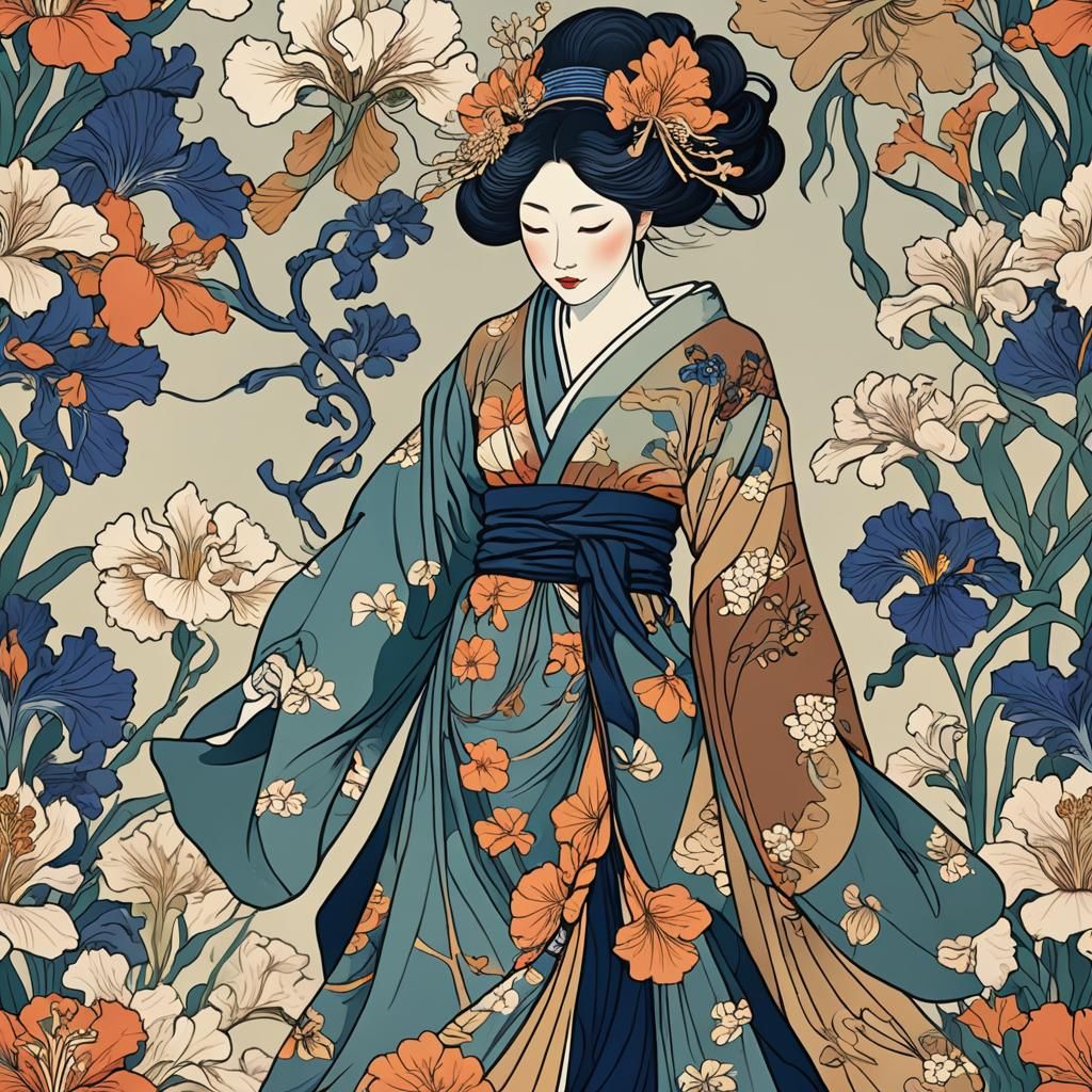 Woman in Iris Dress, Art Nouveau Illustration