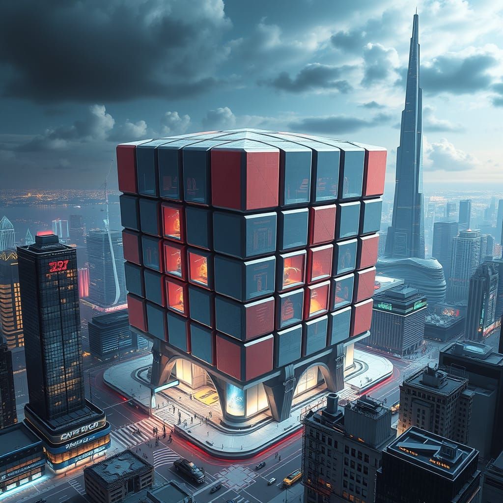 Futuristic Cityscape with Rubik's Cube Building