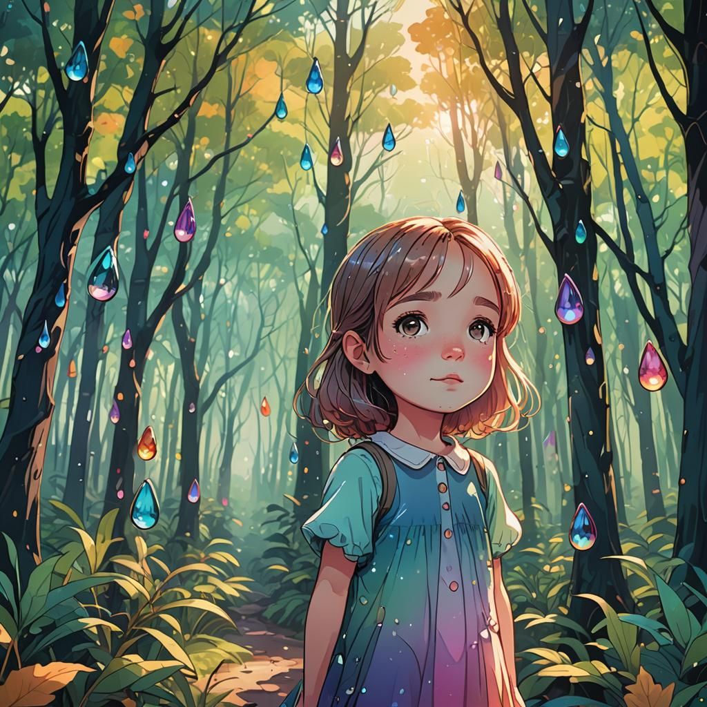 Girl with Glass Teardrops in Forest, Line Art