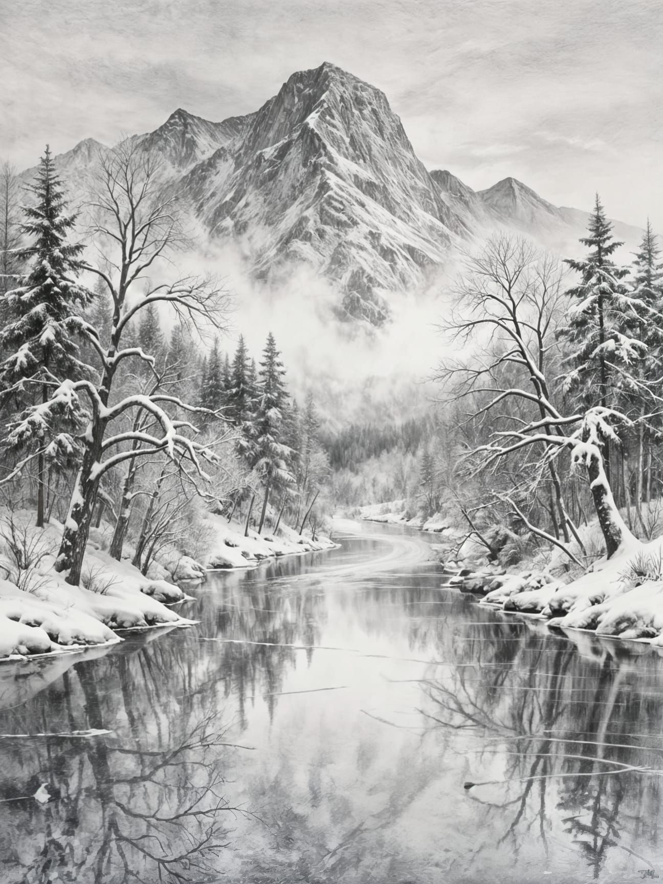 Detailed Charcoal Drawing of Ethereal Winter Landscape