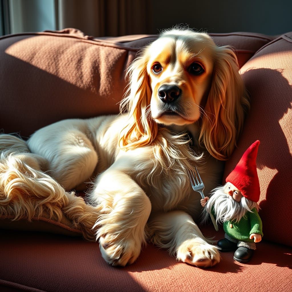 Cocker Spaniel and Gnome in Hyperrealistic Style