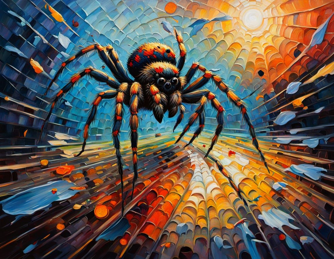 Vibrant Impressionistic Oil Painting of a Spider and Fly