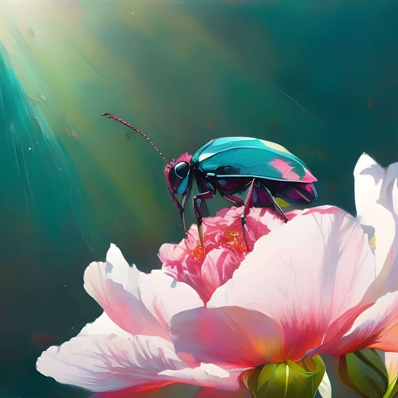 Nacreous Beetle on Peony Flower Digital Art