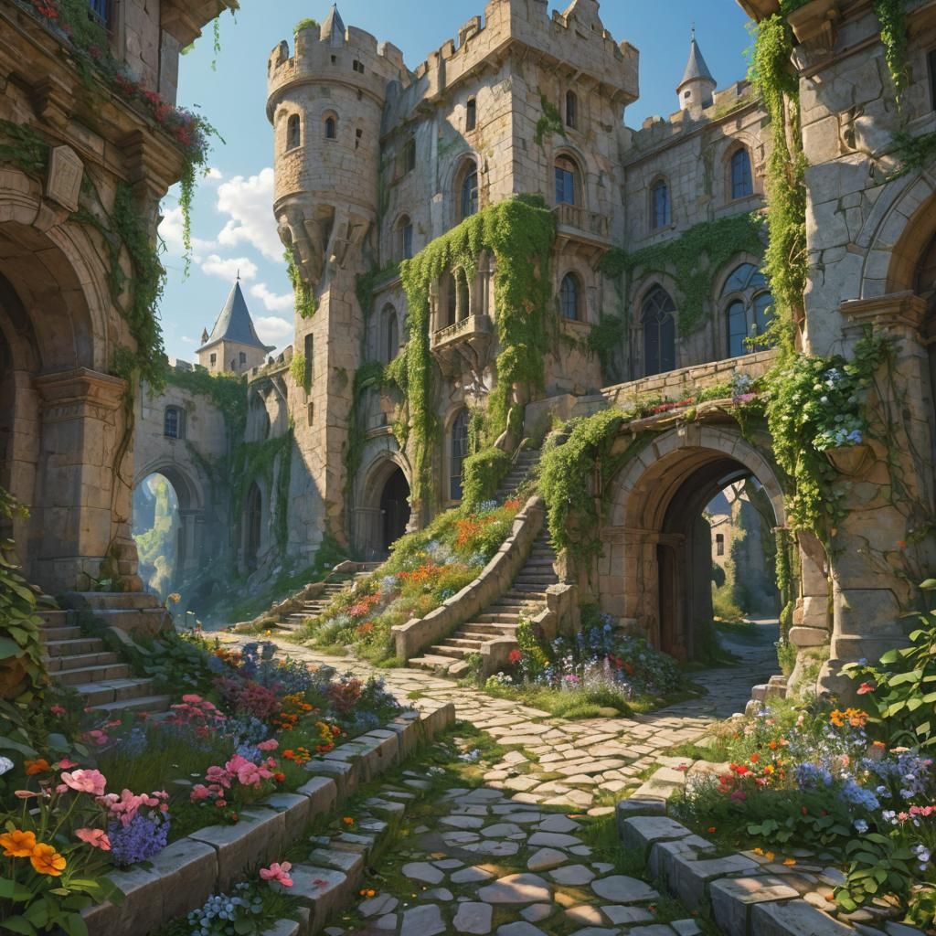 Castle Ruins Reclaimed by Nature in Art Nouveau Style