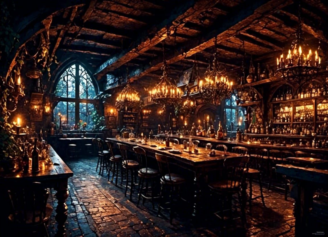 Mystical Medieval Tavern Interior in Comic Book Style