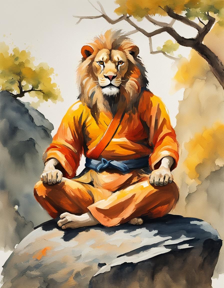 Shaolin lion sitting cross legged yoga pose meditating on a rock