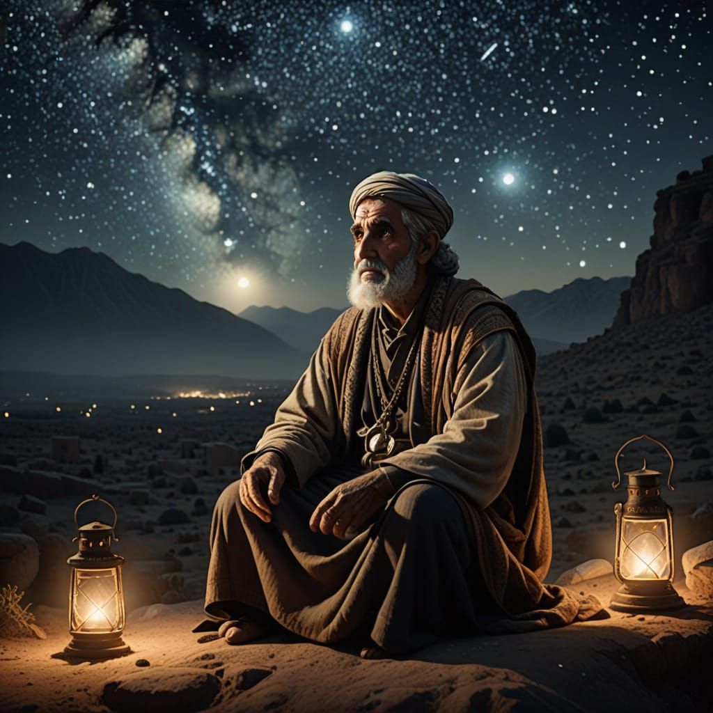 Cinematic Syrian Storyteller Under Starlit Sky