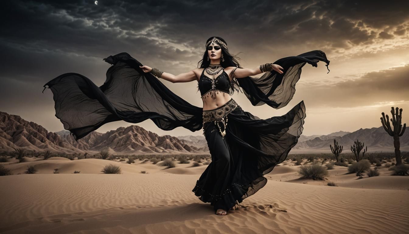 Mourning Gothic Belly Dancer in Desert Landscape