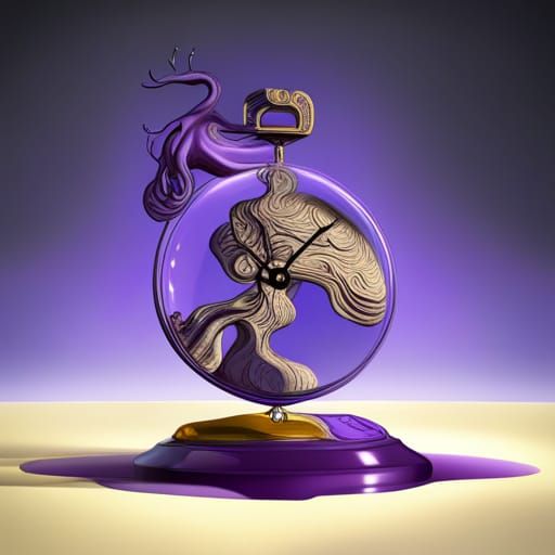 Melting Clock and Purple Ostrich in Surrealist Style