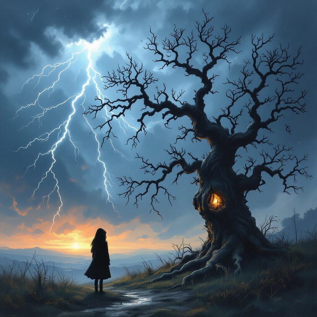 Girl and Tree in Lightning Storm, Dark Painterly Style