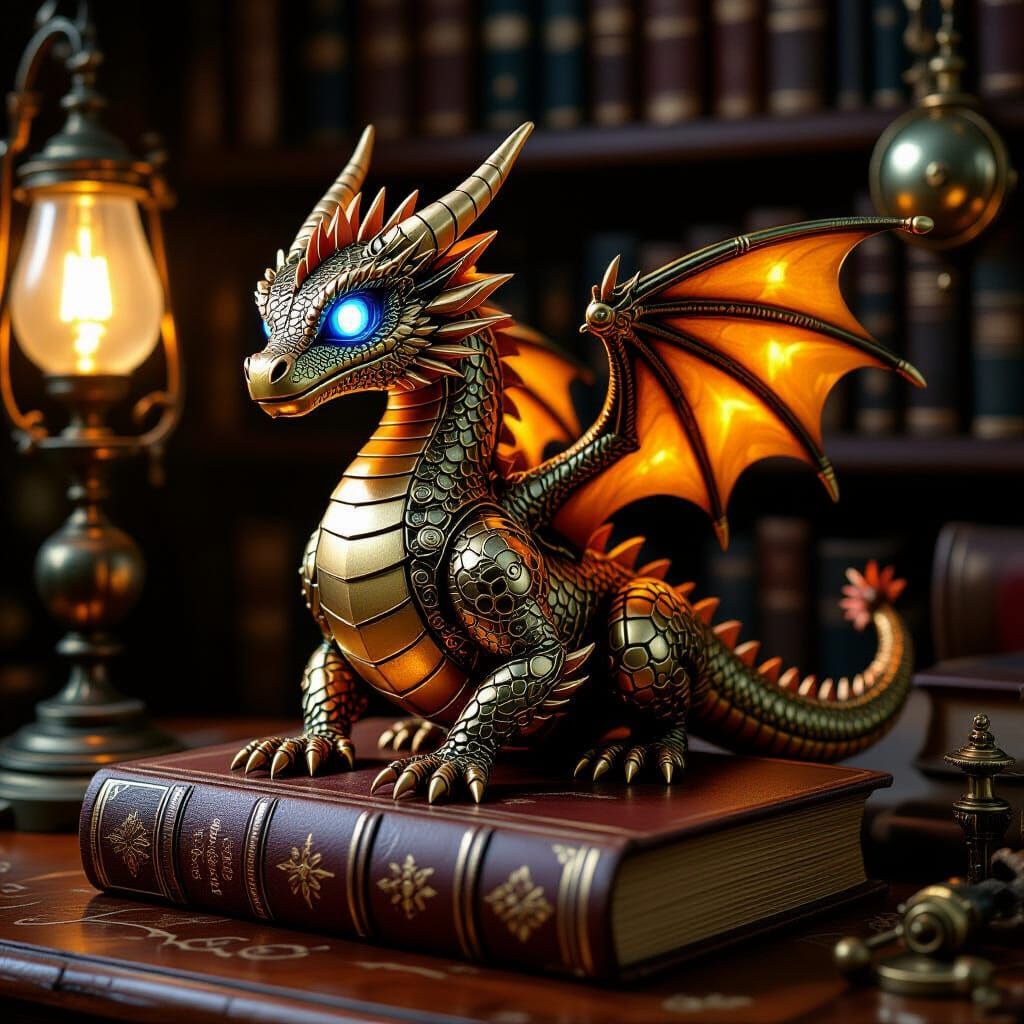 Clockwork Dragon in Steampunk Library, Art Nouveau Style