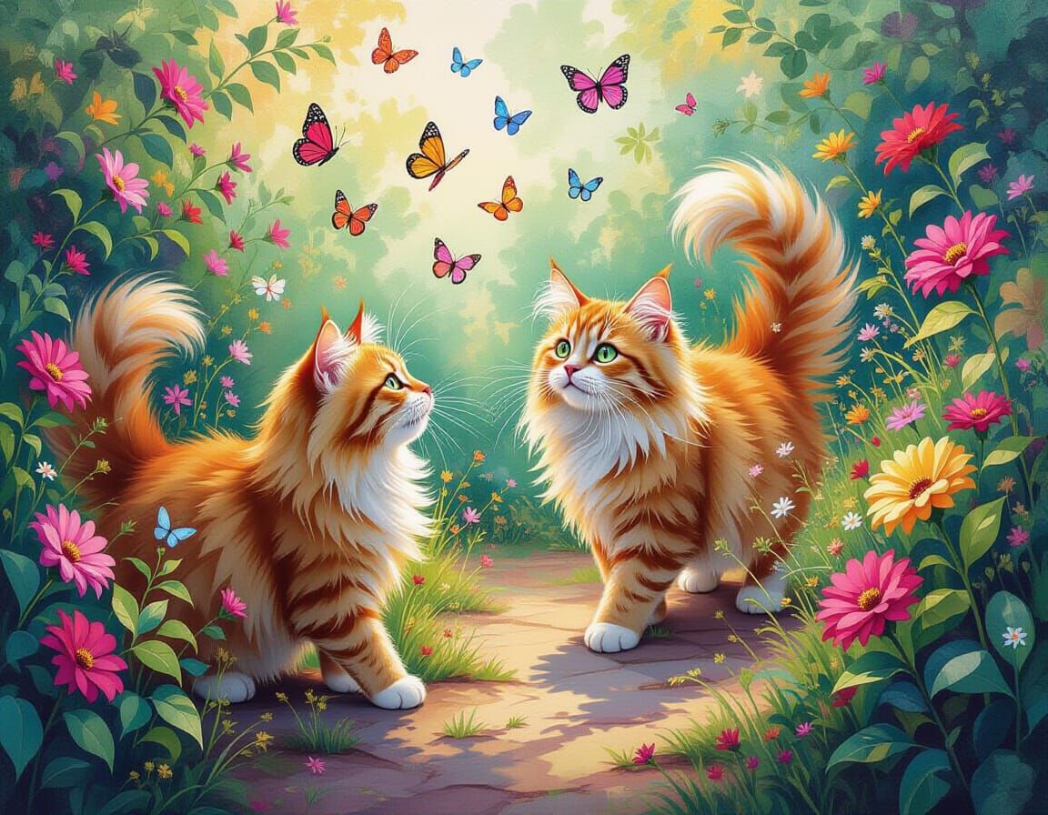 Ginger Cat Chasing Butterflies, Aquarelle Painting