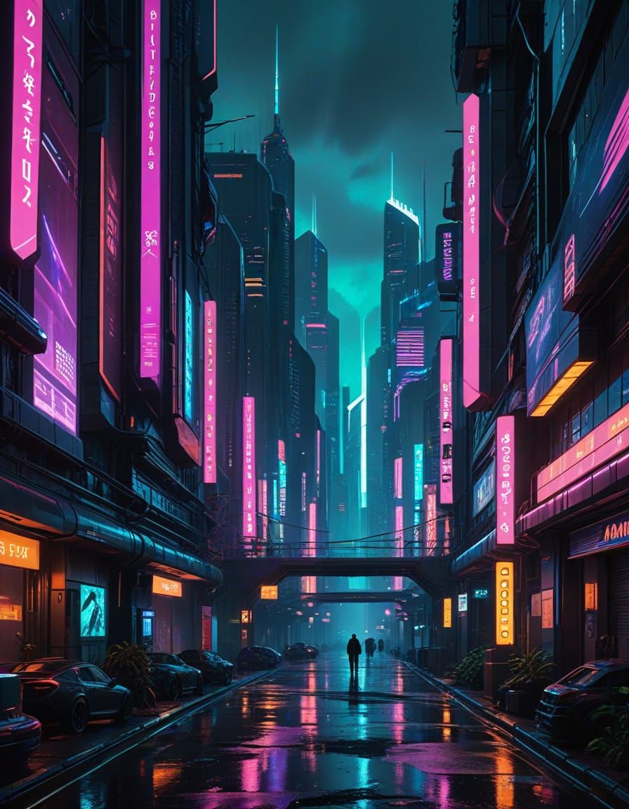 Neon Cityscape: Futuristic Cyberpunk Metropolis at Night