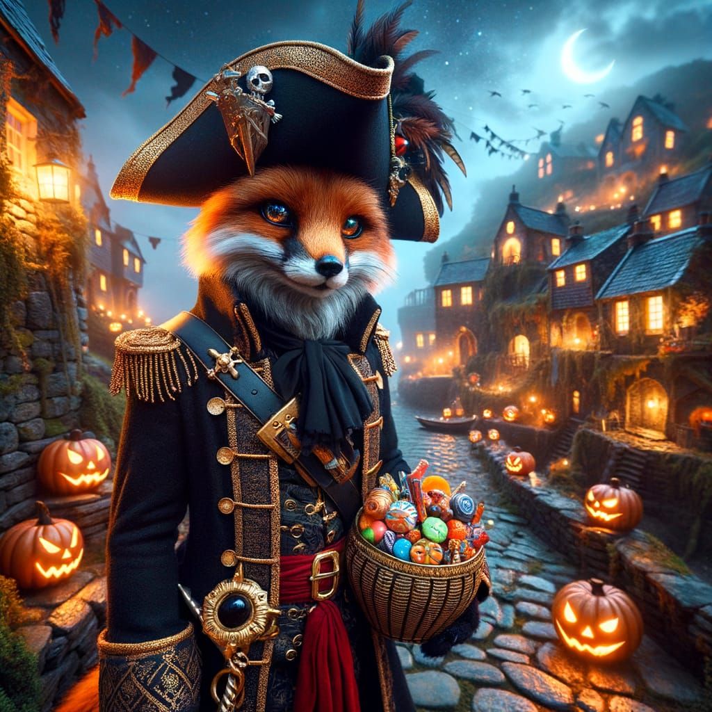 Pirate Fox in Foggy Village at Night