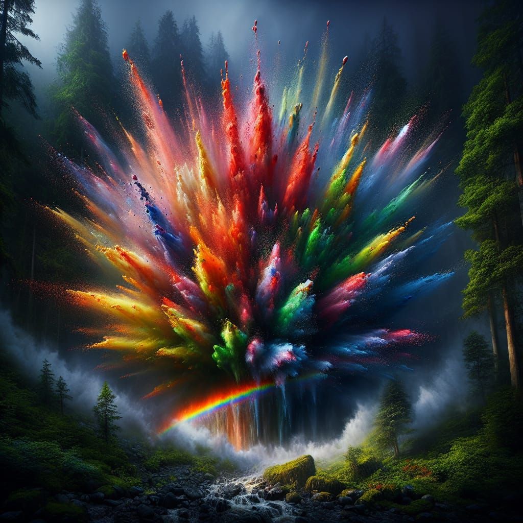 Exploding Rainbow Waterfall in Misty Forest