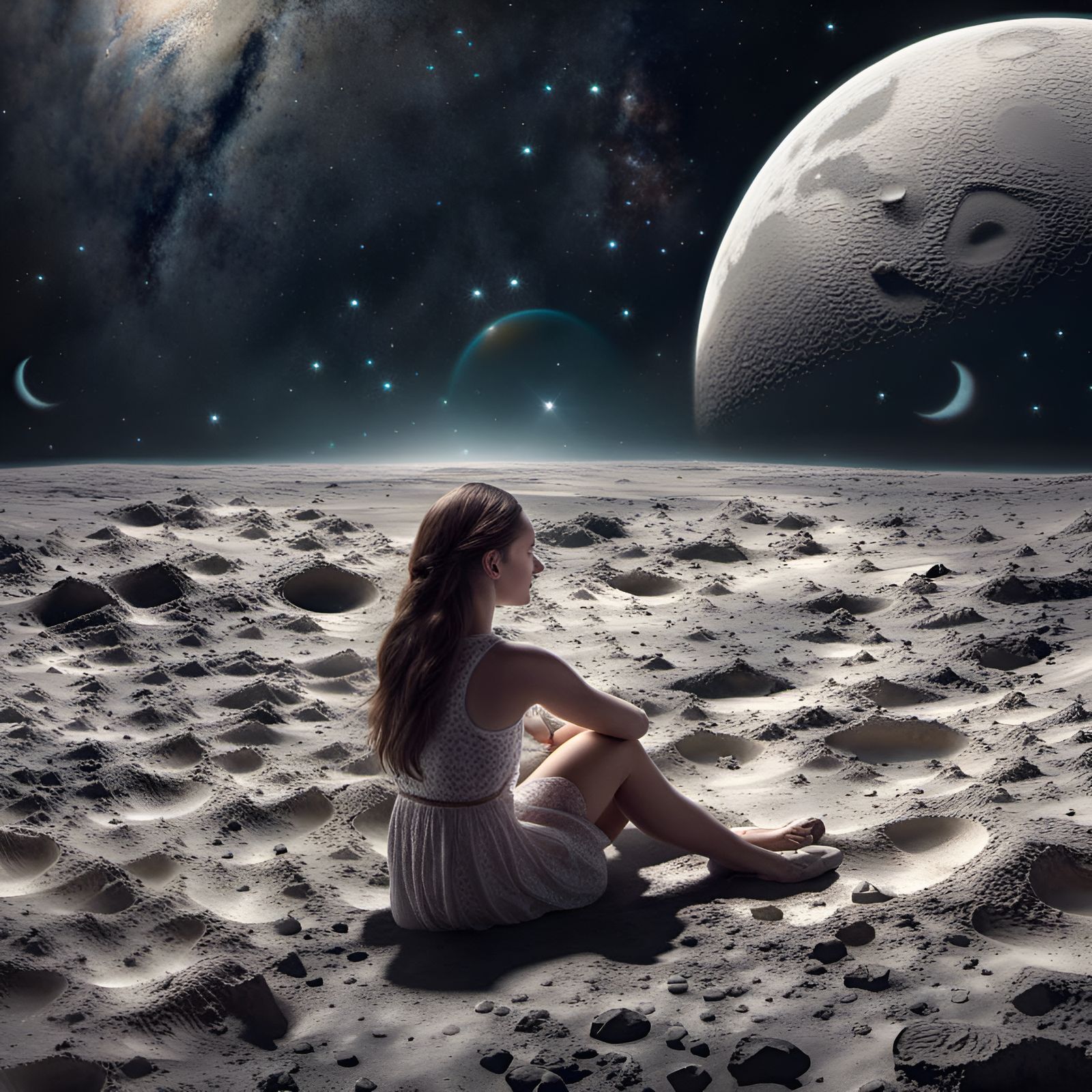 Girl on the Moon: Hyperrealistic Universe Scene