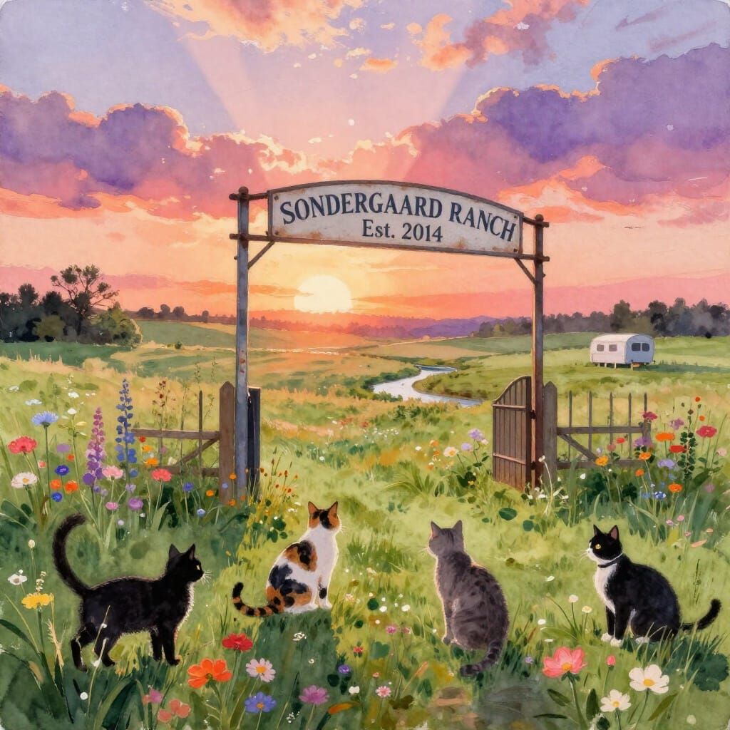 Ranch Entrance Under Sunset Sky with Wildflowers and Cats