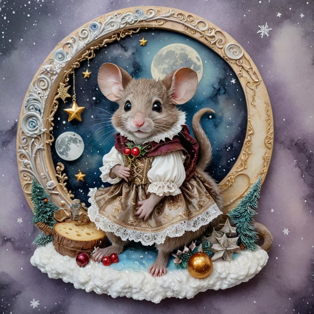 Victorian Mouse on Cheese Moon in Alcohol Ink Style