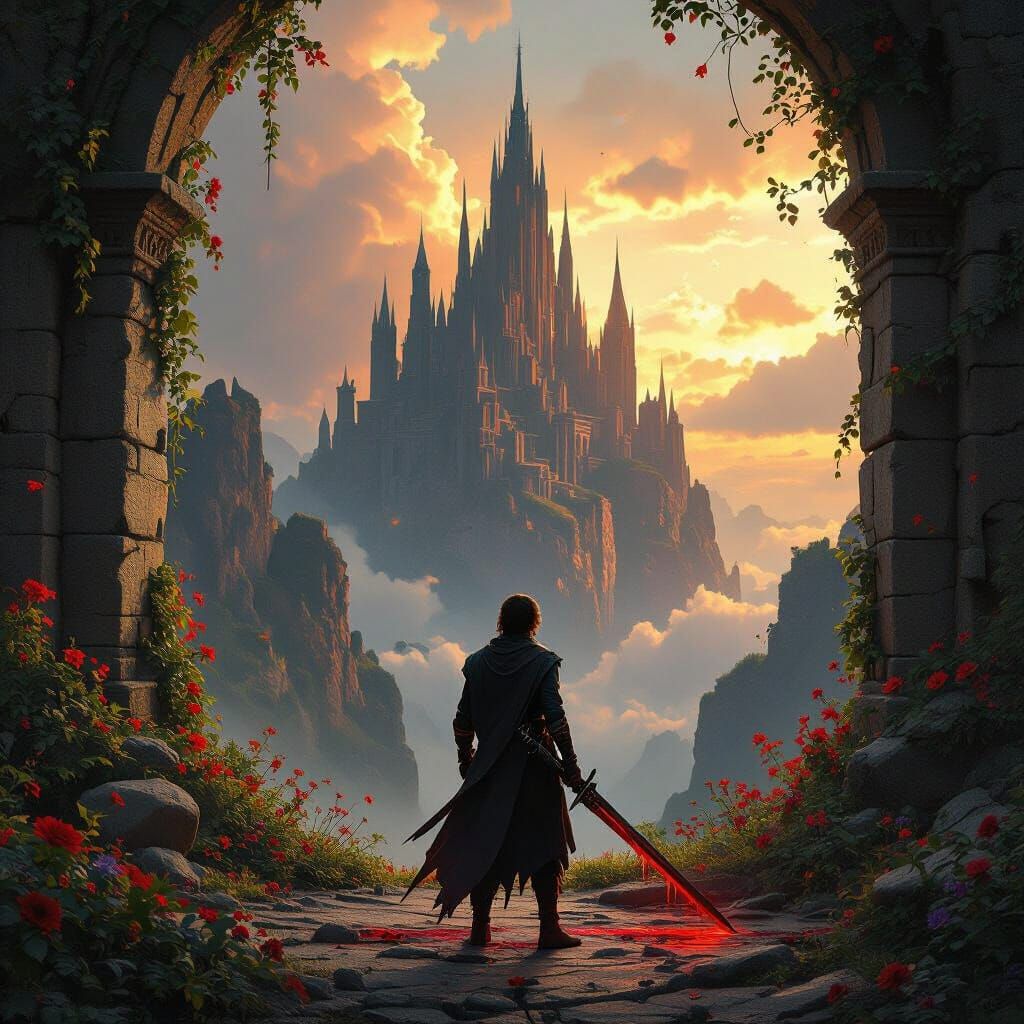 Dark Fantasy Landscape with Swordsman at Arcane Academy