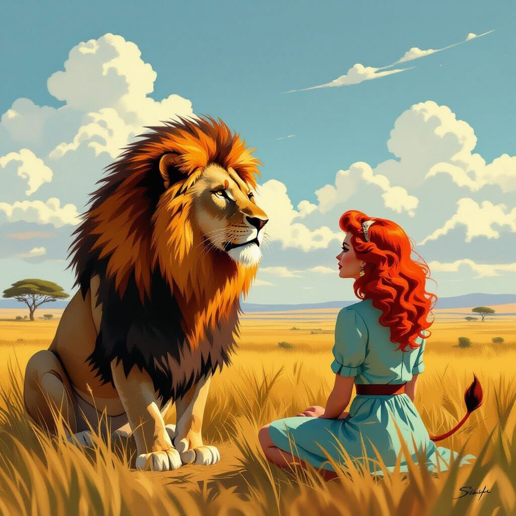 Lion with Fiery Mane and Owner in African Savannah