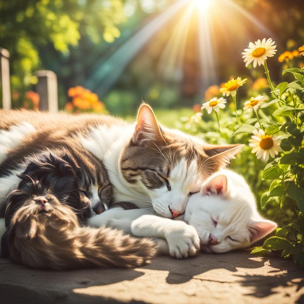 Cat and Dog Sleeping in Sunlit Garden
